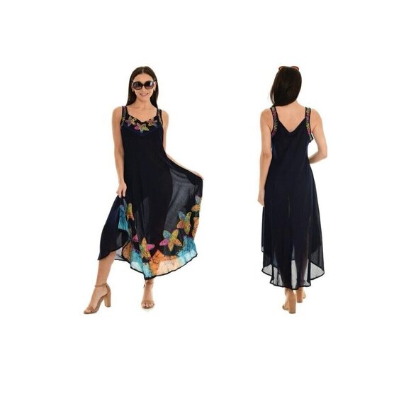 NWT SHORELINE Sleeveless Midi Navy Rayon Long Sundress Casual Summer Dress OSFM - Picture 3 of 16